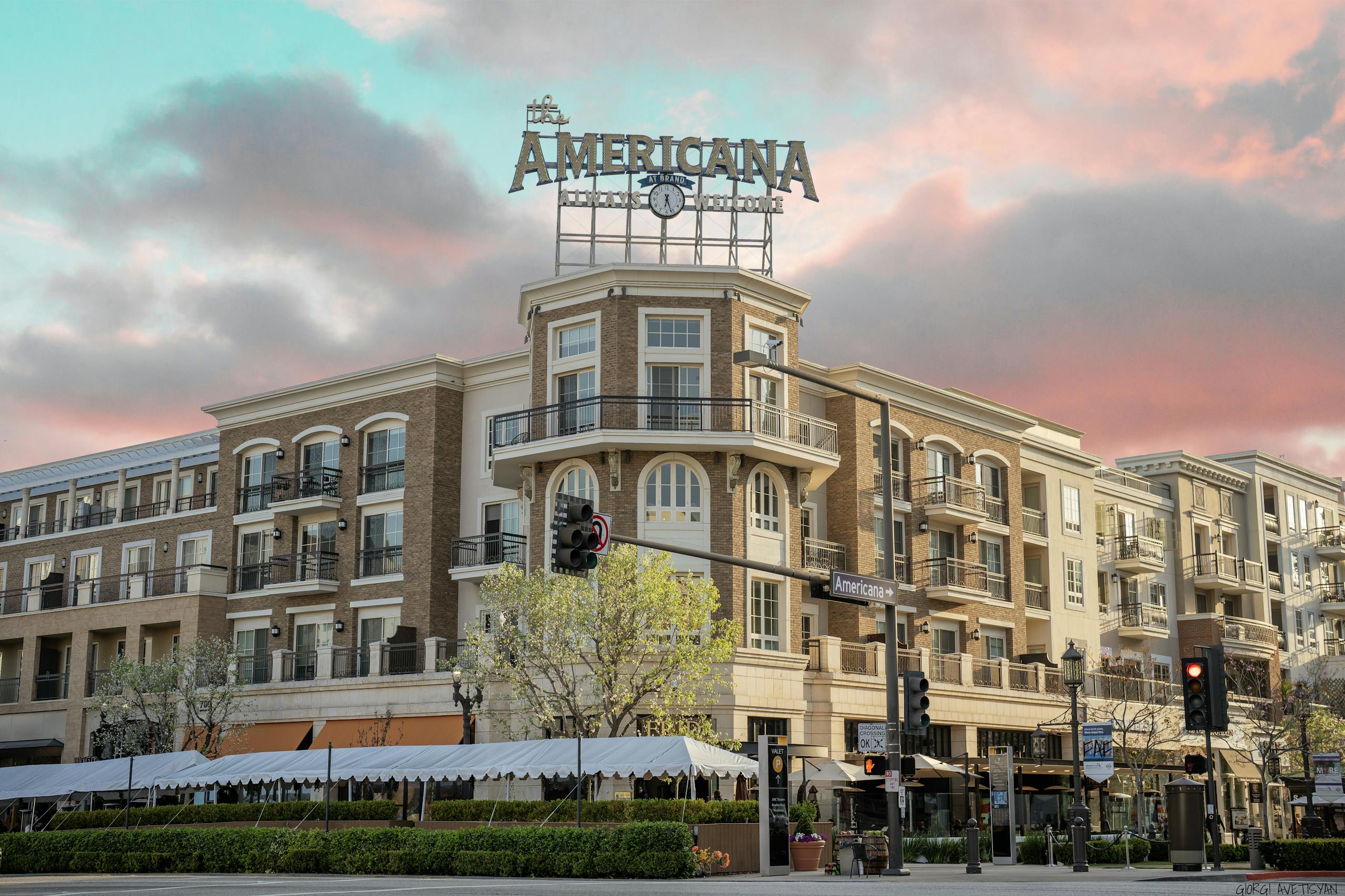 Elegant facade of Americana at Brand in Glendale, Los Angeles at sunset.